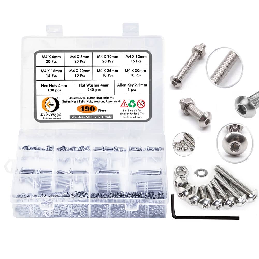 490 Pcs M4 Dia Stainless Steel Button Head Bolt Assortment Pack 1