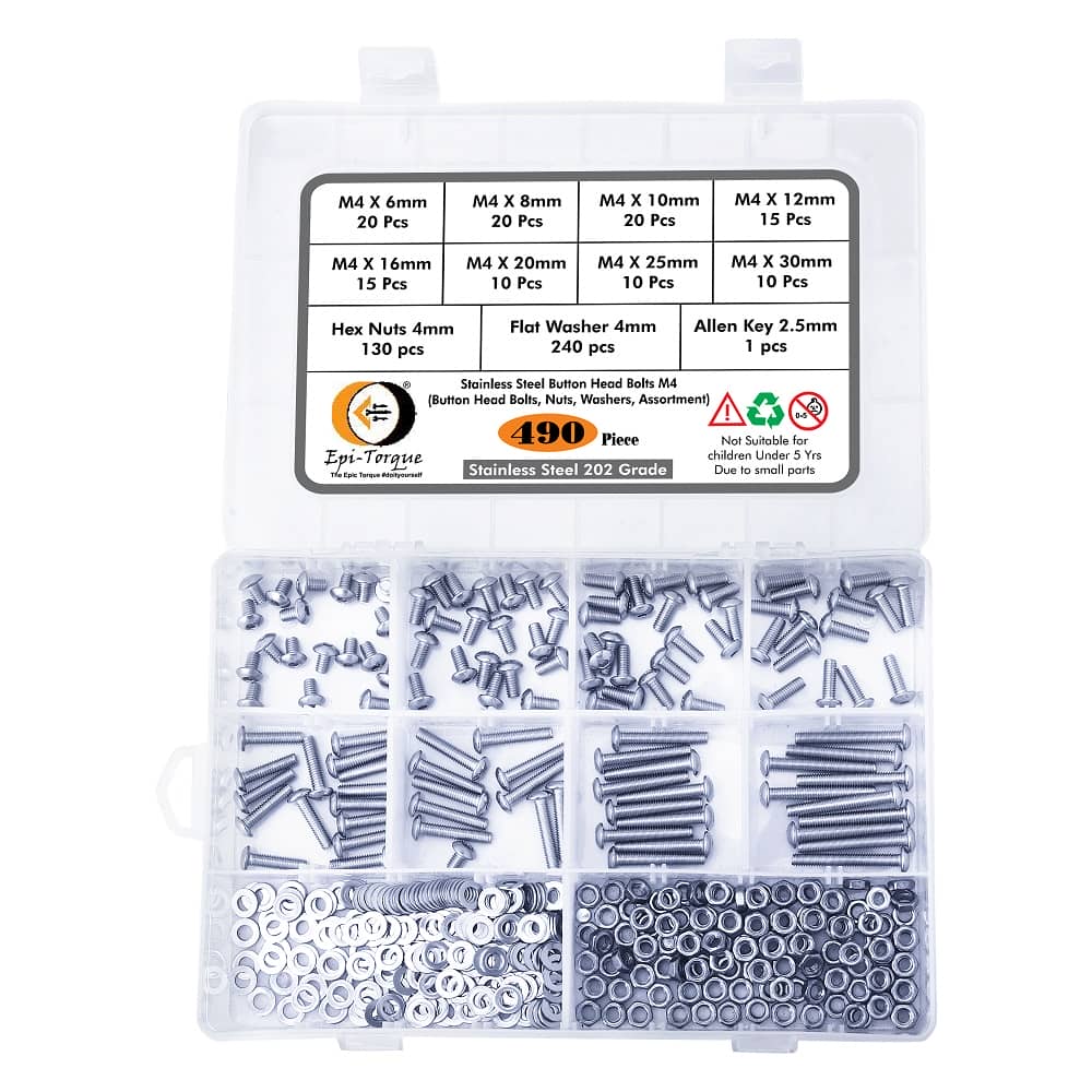 490 Pcs M4 Dia Stainless Steel Button Head Bolt Assortment Pack 2