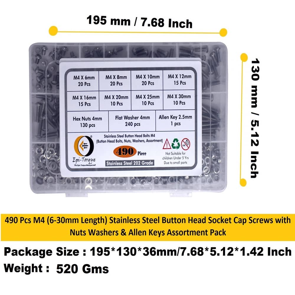 490 Pcs M4 Dia Stainless Steel Button Head Bolt Assortment Pack 6