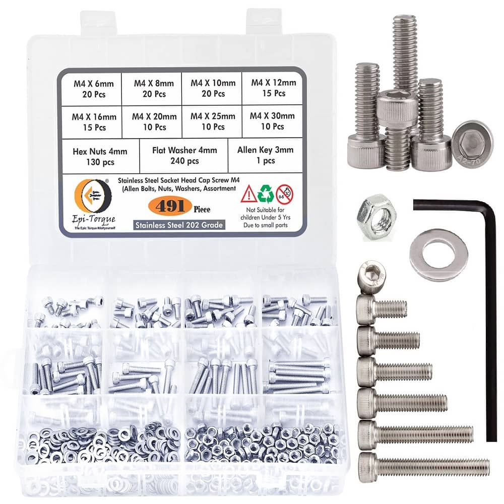 491 Pcs M4 Dia Stainless Steel Socket Head Allen Bolts Assortment Pack 1