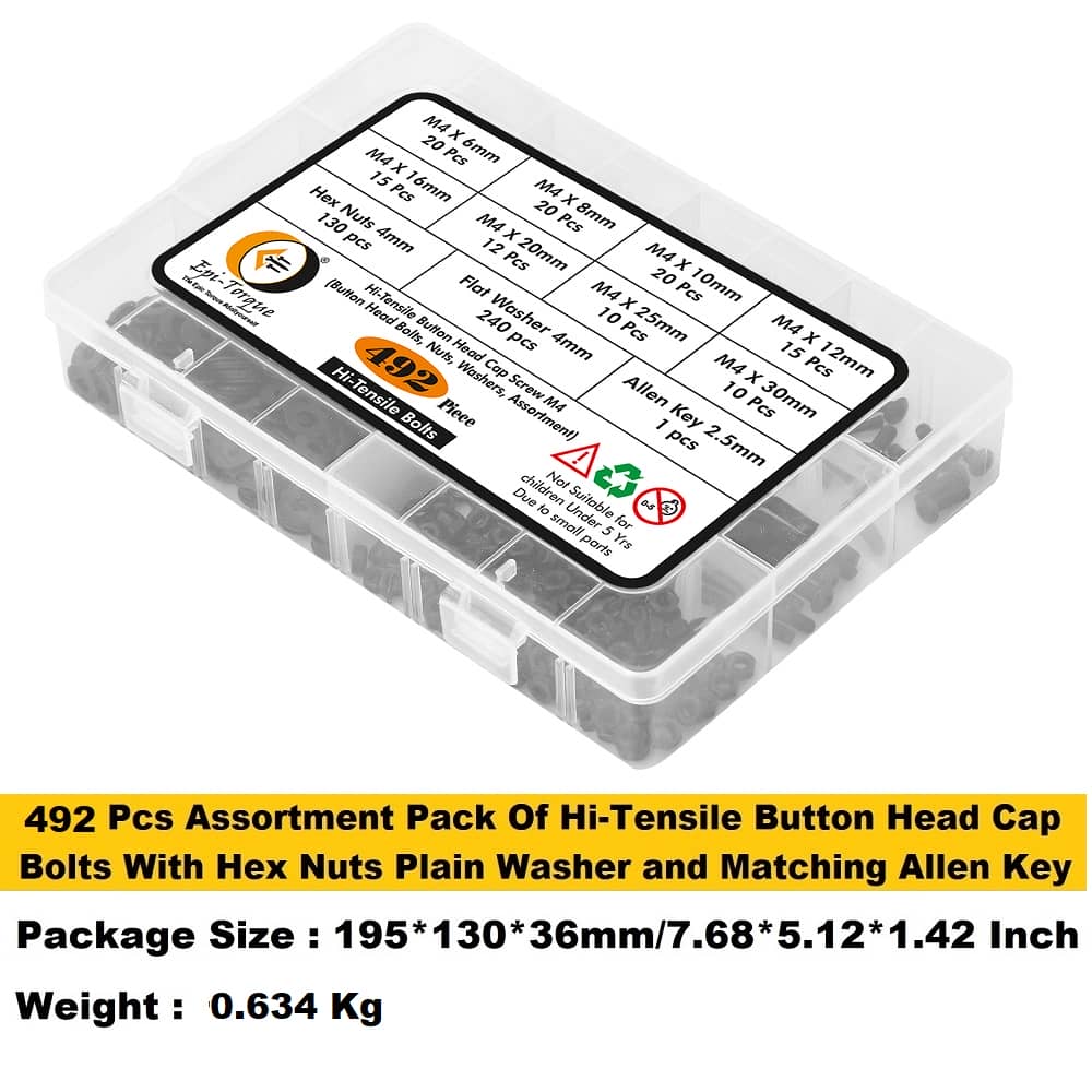 492 Pcs M4 Dia 10.9 Grade Hi Tensile Button Head Bolts Assortment Pack 7