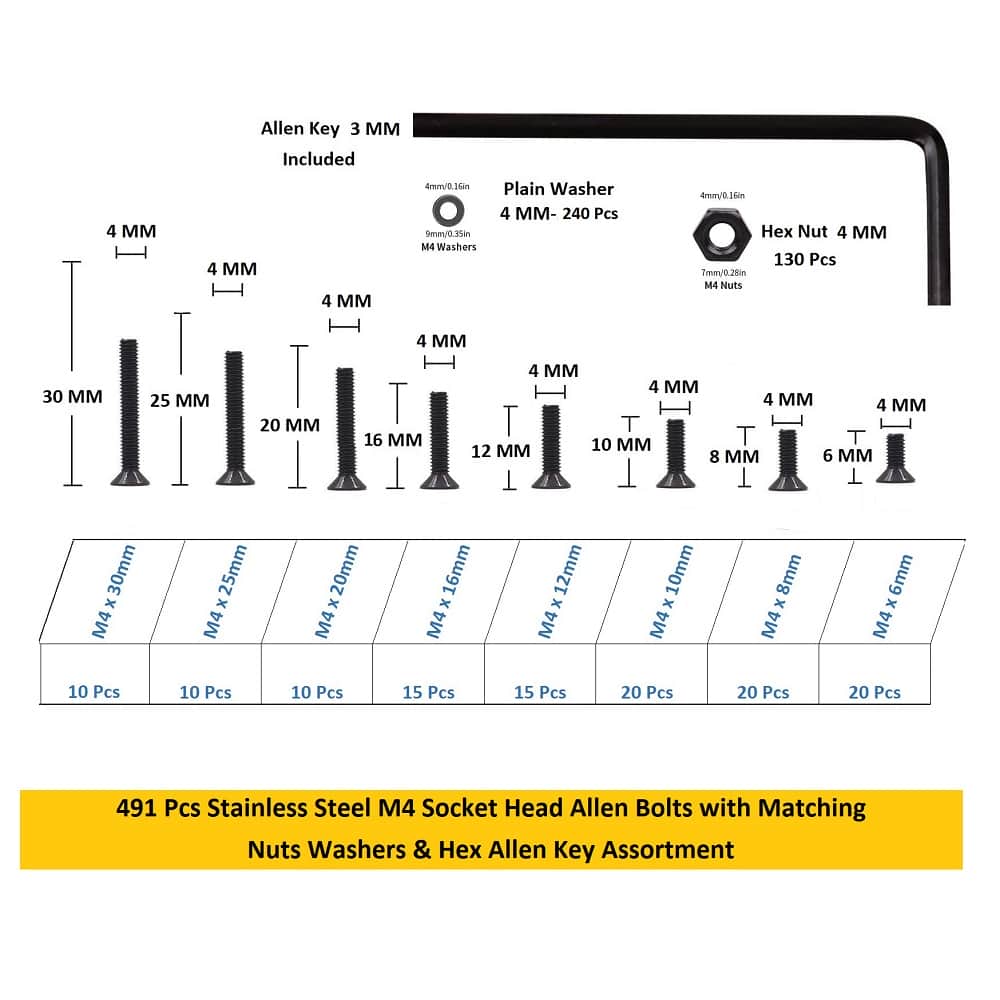 494 Pcs M4 Dia 10.9 Grade Hi Tensile Counter Sunk Bolts Assortment Pack 3