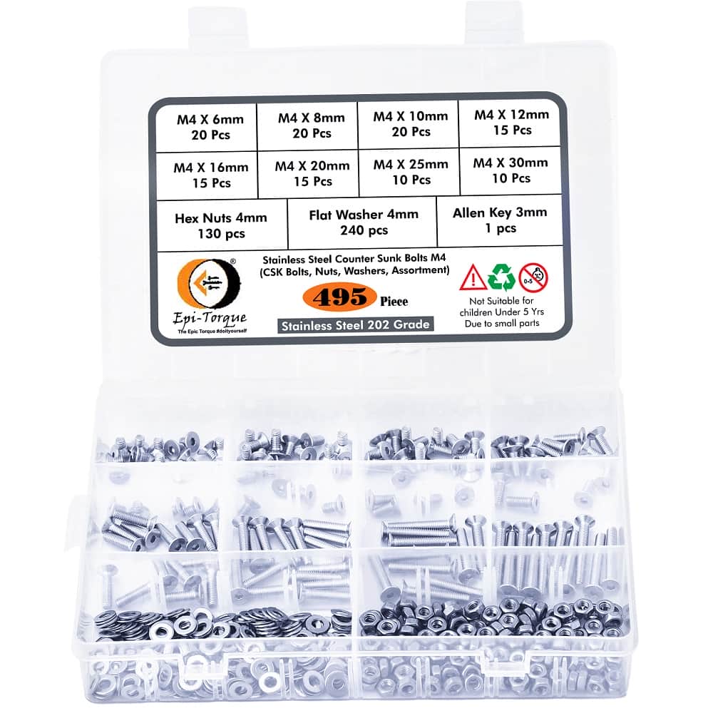 495 Pcs M4 Dia Stainless Steel Counter Sunk Bolts Assortment Pack 1