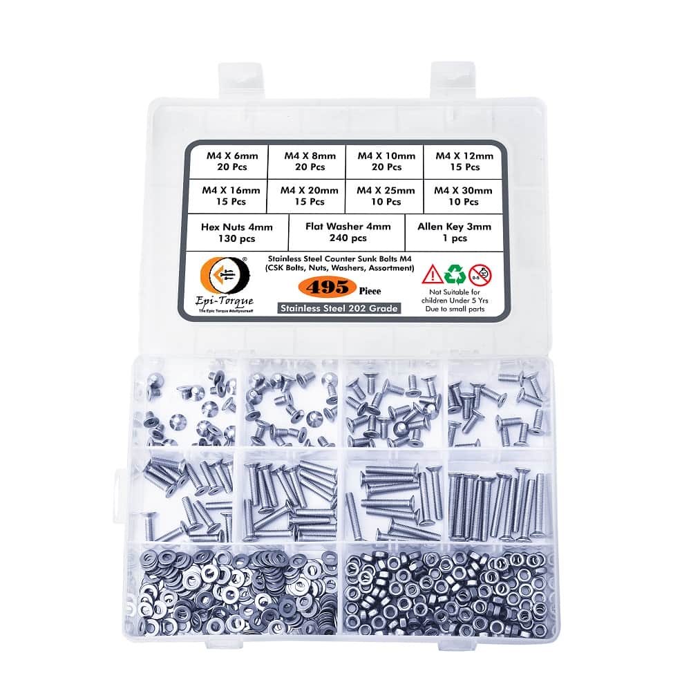 495 Pcs M4 Dia Stainless Steel Counter Sunk Bolts Assortment Pack 2