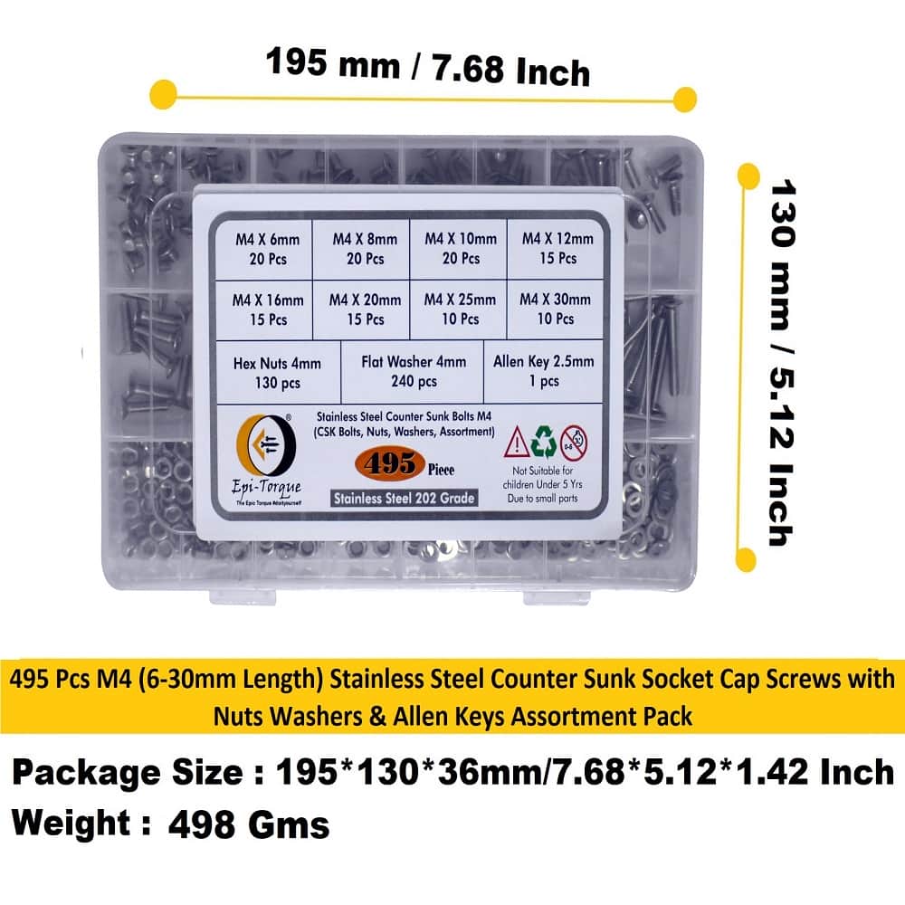 495 Pcs M4 Dia Stainless Steel Counter Sunk Bolts Assortment Pack 7