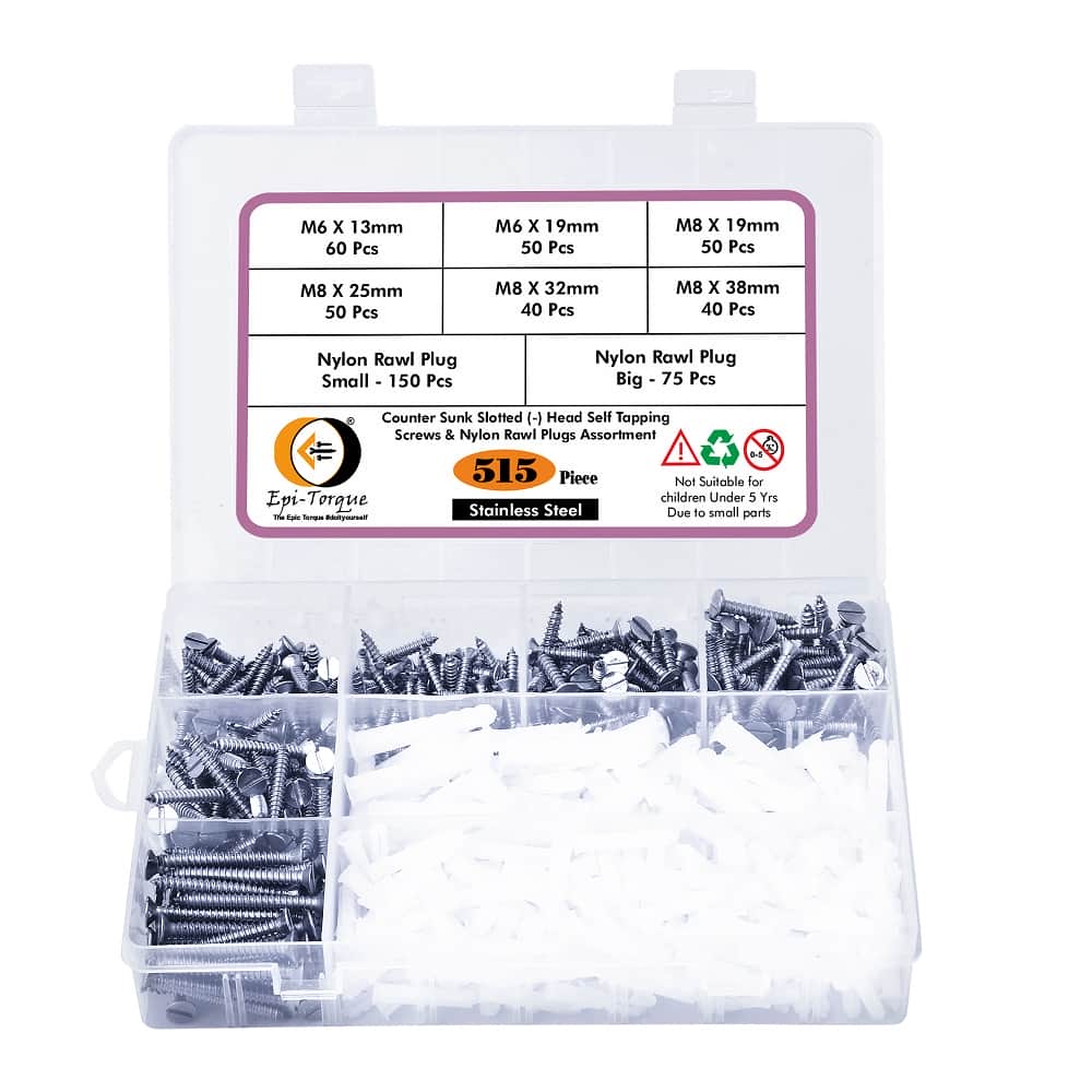 515 Pcs Stainless Steel CSK Slotted Minus Head Screws & Rawl Plug Assortment Pack 1