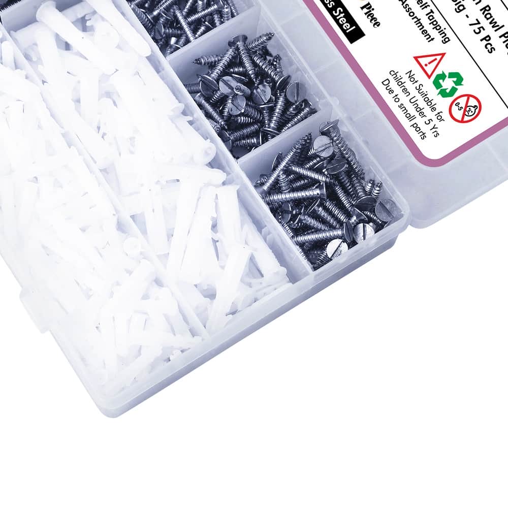 515 Pcs Stainless Steel CSK Slotted Minus Head Screws & Rawl Plug Assortment Pack 2