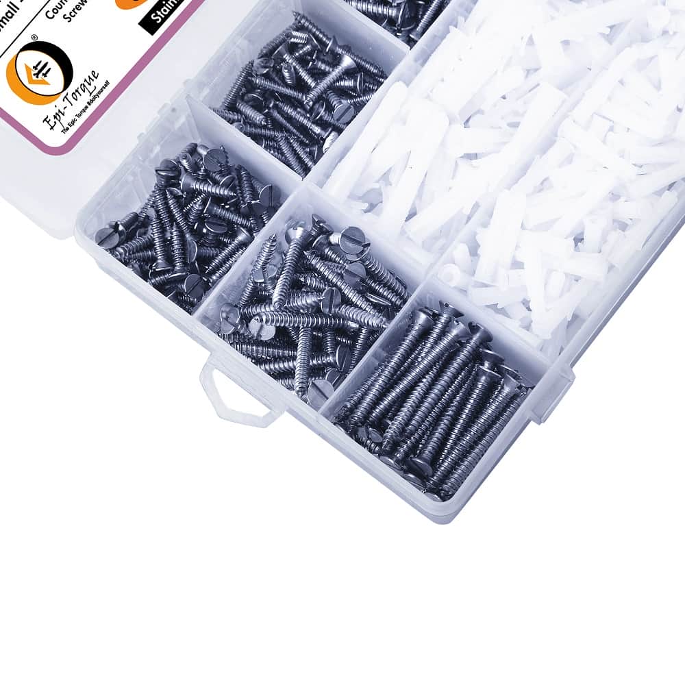 515 Pcs Stainless Steel CSK Slotted Minus Head Screws & Rawl Plug Assortment Pack 3