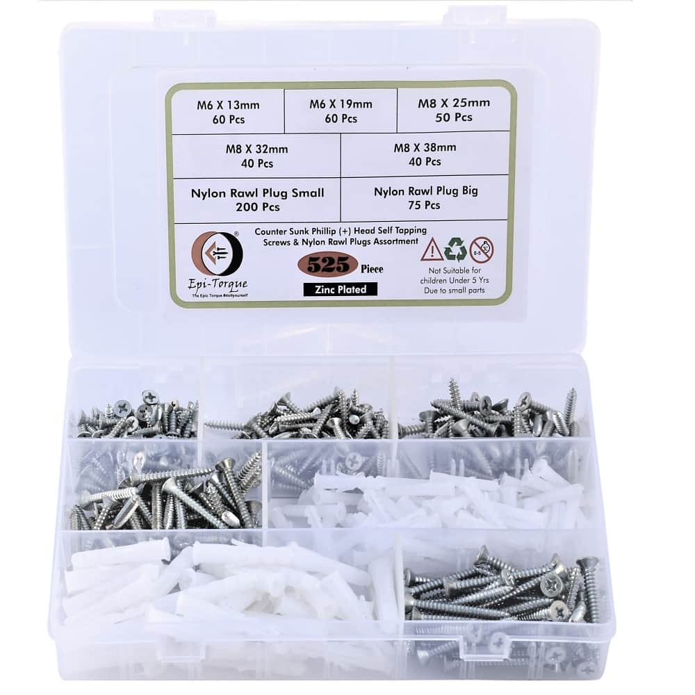 525 Pcs Zinc Plated Counter Sunk Phillip Head Screws & Plastic Rawl Plug Assortment 1
