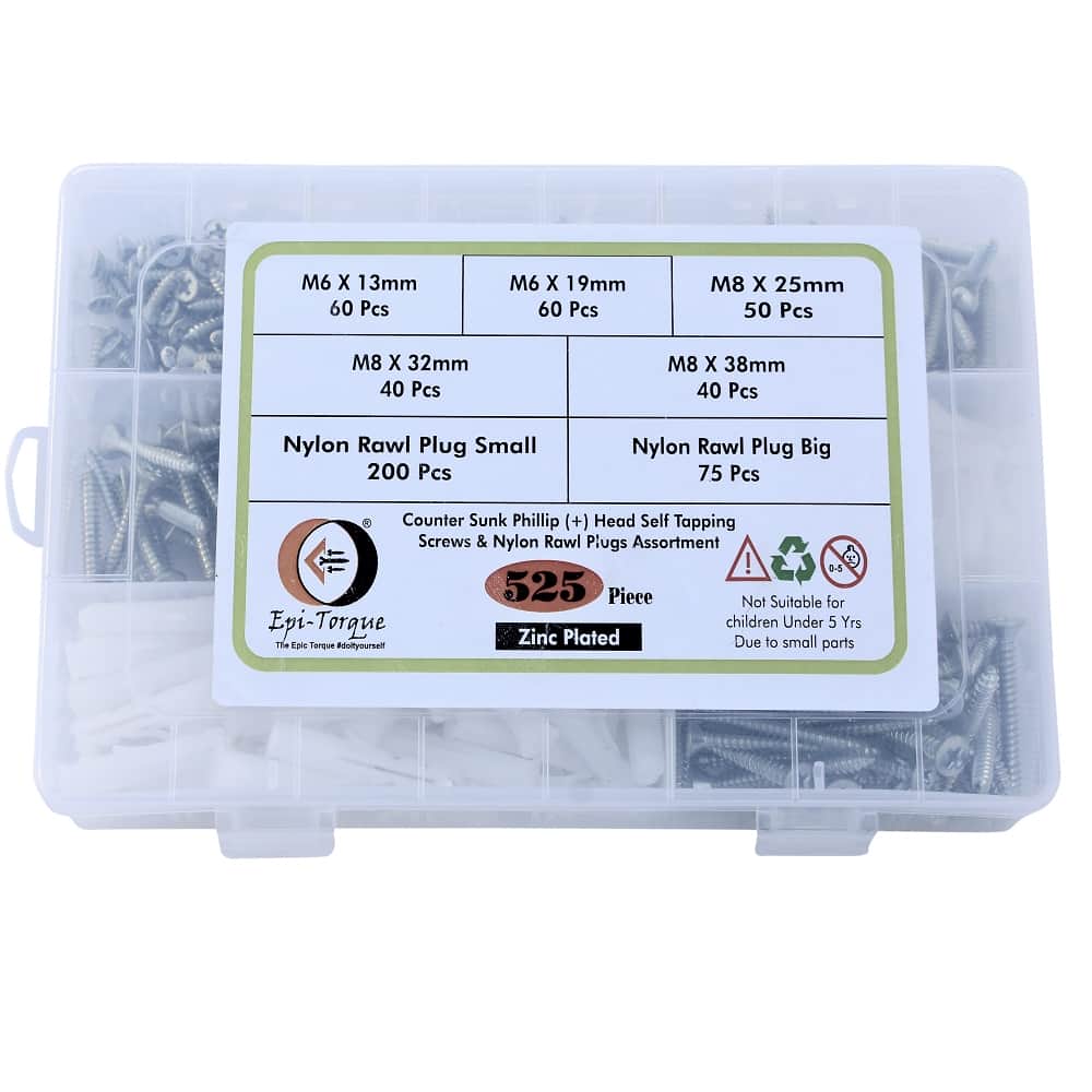 525 Pcs Zinc Plated Counter Sunk Phillip Head Screws & Plastic Rawl Plug Assortment 3