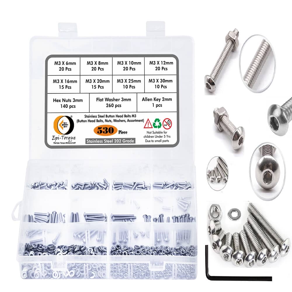 530 Pcs M3 Dia Stainless Steel Button Head Bolt Assortment Pack 1
