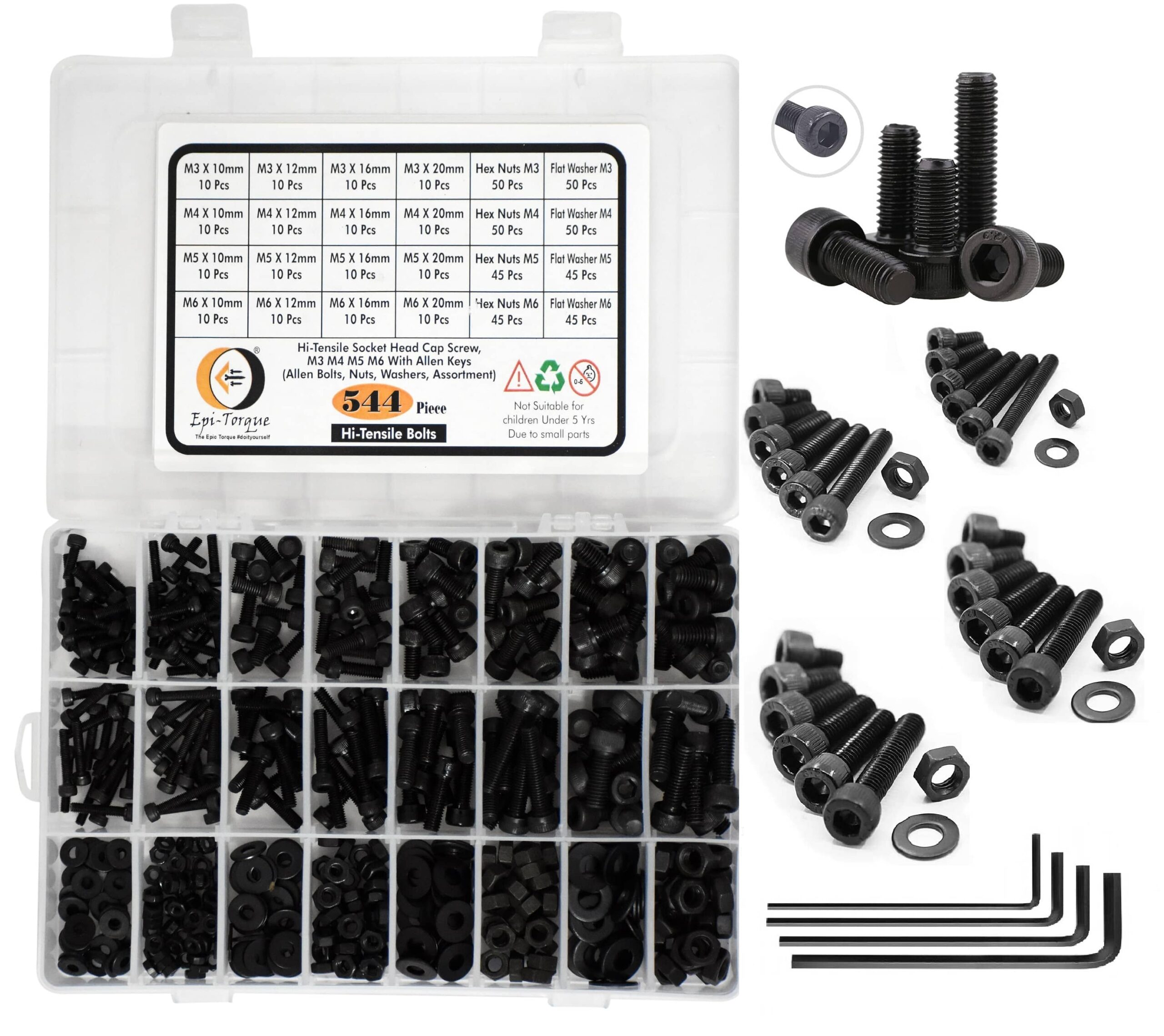 544 Pcs M3 M4 M5 M6 Dia 12.9 Grade Hi Tensile Socket Head Allen Bolts Assortment Pack 1