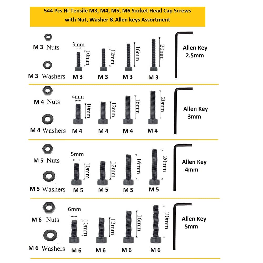 544 Pcs M3 M4 M5 M6 Dia 12.9 Grade Hi Tensile Socket Head Allen Bolts Assortment Pack 4