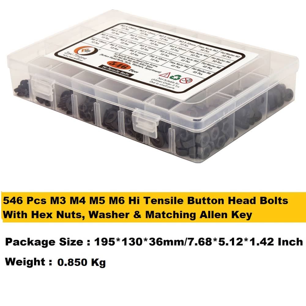 546 Pcs M3 M4 M5 M6 Dia 10.9 Grade Hi Tensile Button Head Bolts Assortment Pack 7