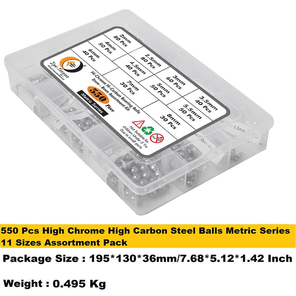 550 Pcs High Chrome High Carbon Steel Balls Metric Series Assortment Pack 7