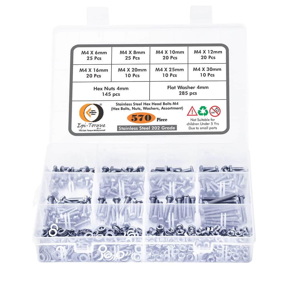 570 Pcs M4 Dia Stainless Steel Hex Head Bolts, Nuts, Washers Assortment Pack 1
