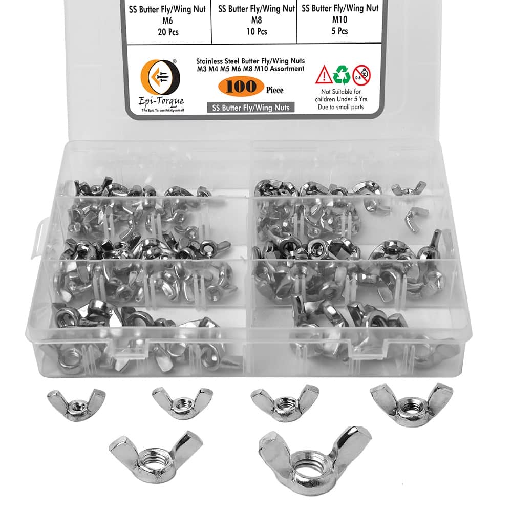 6 Sizes Butterfly Wing Nuts Assortment Kit, M3 M4 M5 M6 M8 M10 Sizes Stainless Steel Wing Nuts Fasteners 1