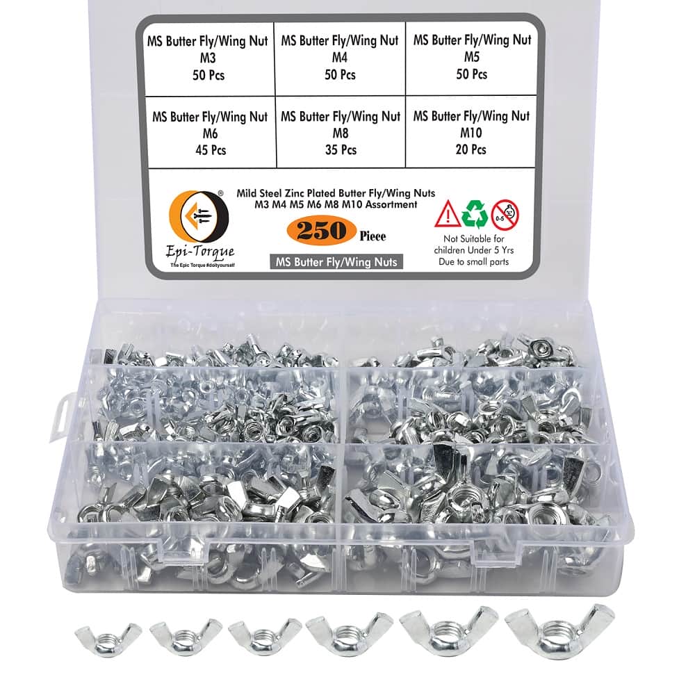 6 Sizes Butterfly Wing Nuts Assortment Kit, M3 M4 M5 M6 M8 M10 Sizes Zinc Plated Wing Nuts Fasteners 1