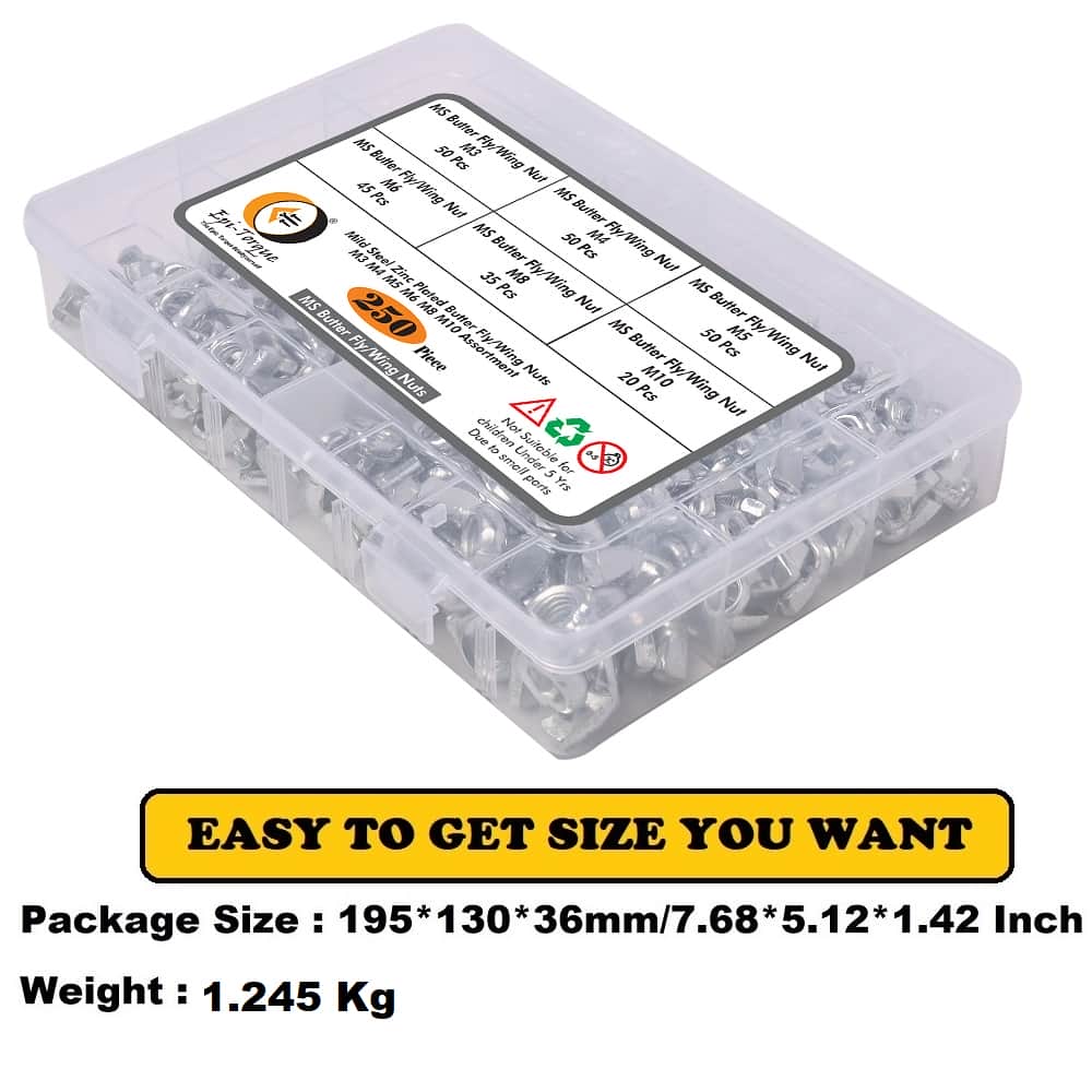 6 Sizes Butterfly Wing Nuts Assortment Kit, M3 M4 M5 M6 M8 M10 Sizes Zinc Plated Wing Nuts Fasteners 5