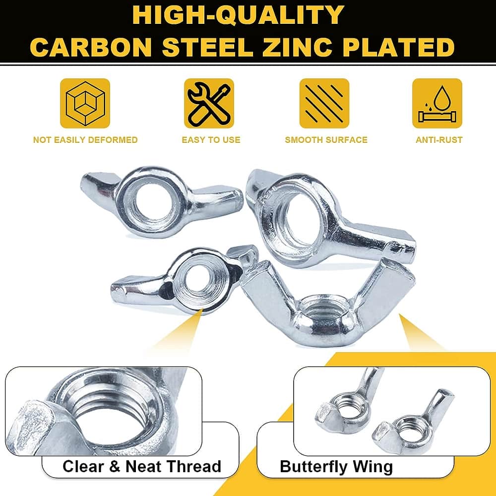 6 Sizes Butterfly Wing Nuts Assortment Kit, M3 M4 M5 M6 M8 M10 Sizes Zinc Plated Wing Nuts Fasteners 7