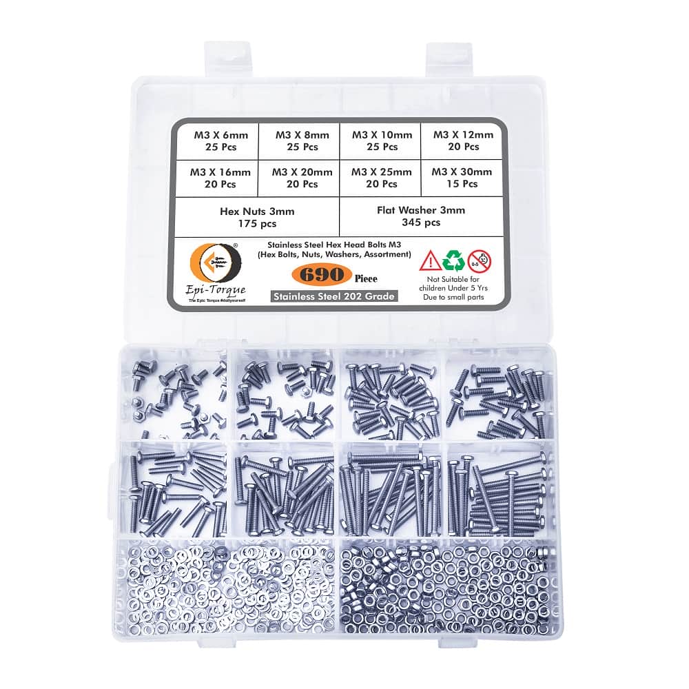 690 Pcs M3 Dia Stainless Steel Hex Head Bolts, Nuts, Washers Assortment Pack 2
