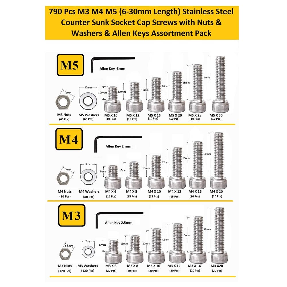 793 Pcs M3 M4 M5 Dia Stainless Steel Socket Head Allen Bolts Assortment Pack 4
