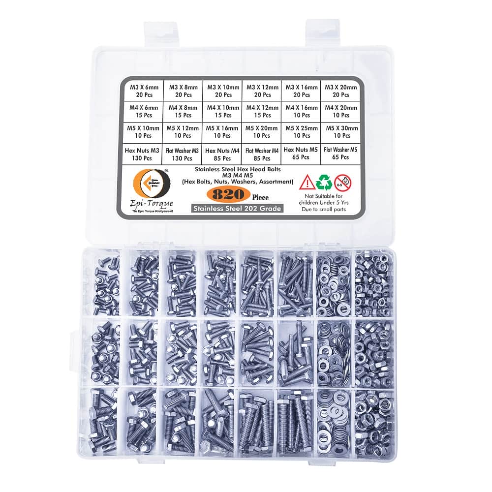 820 Pcs M3 M4 M5 Dia Stainless Steel Hex Head Bolts, Nuts, Washers Assortment Pack 2