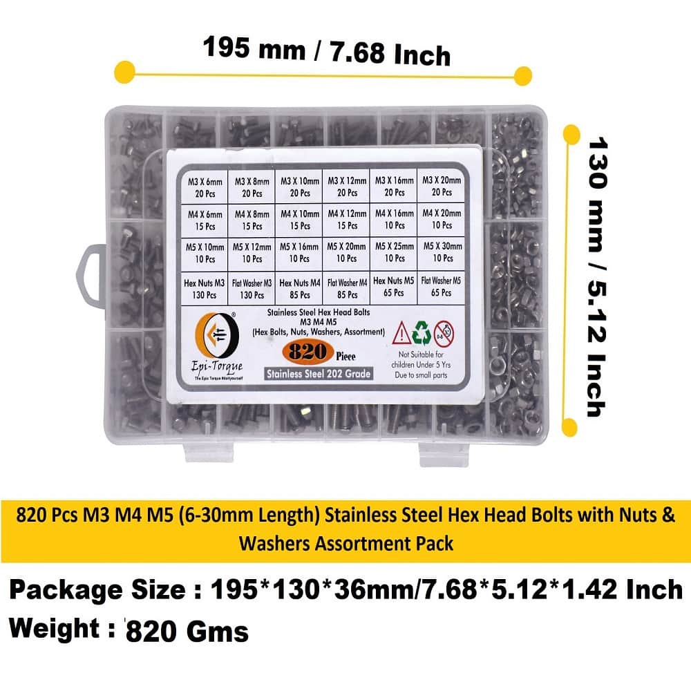 820 Pcs M3 M4 M5 Dia Stainless Steel Hex Head Bolts, Nuts, Washers Assortment Pack 7