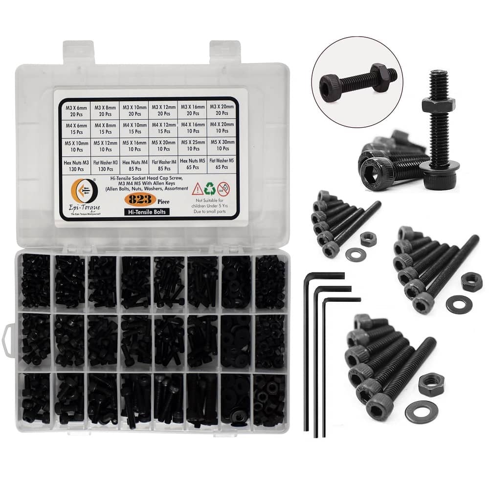 823 Pcs M3 M4 M5 Dia 12.9 Grade Hi Tensile Socket Head Allen Bolts Assortment Pack 1