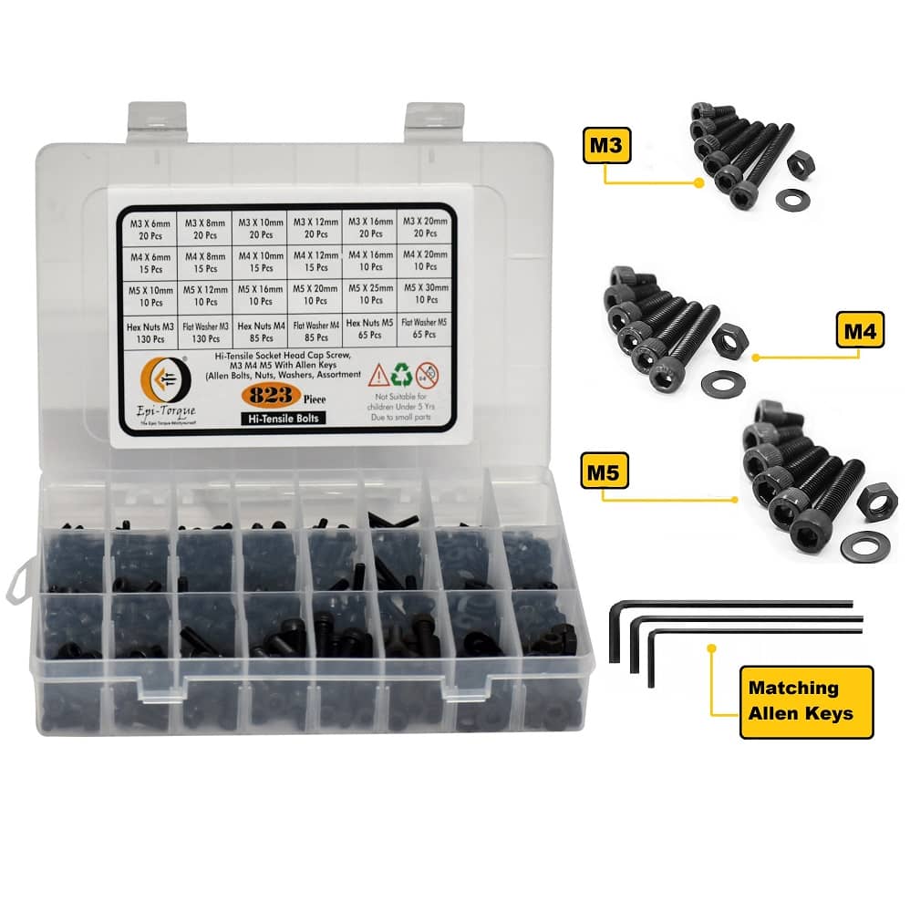 823 Pcs M3 M4 M5 Dia 12.9 Grade Hi Tensile Socket Head Allen Bolts Assortment Pack 3