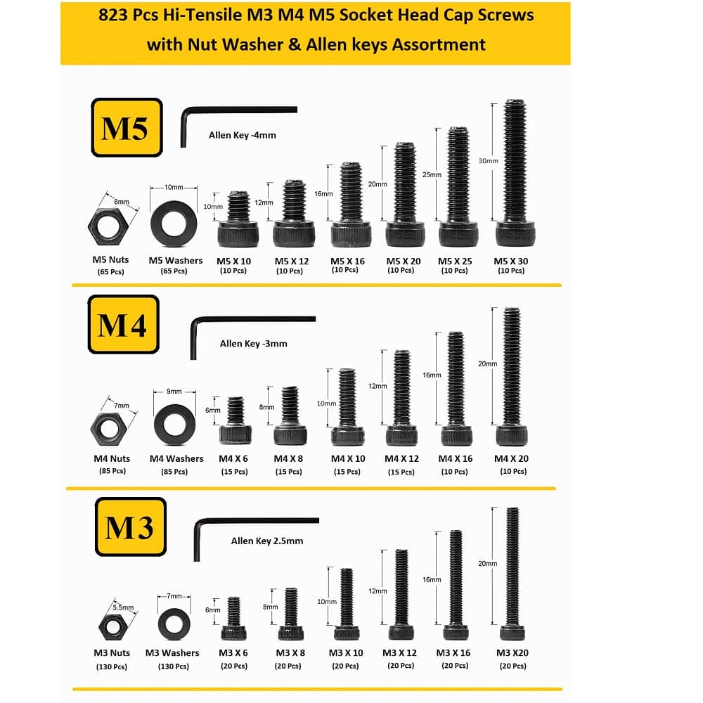 823 Pcs M3 M4 M5 Dia 12.9 Grade Hi Tensile Socket Head Allen Bolts Assortment Pack 4