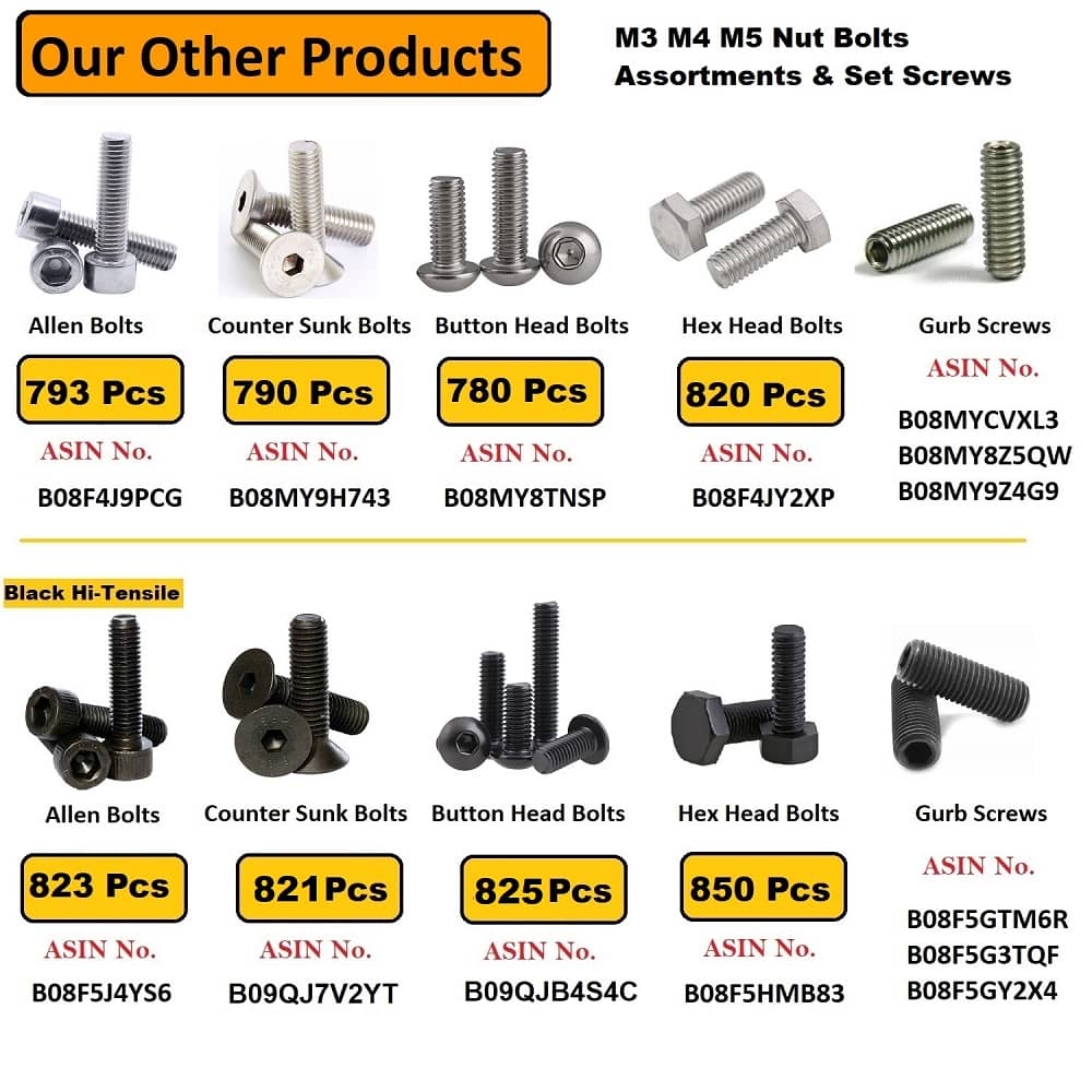 823 Pcs M3 M4 M5 Dia 12.9 Grade Hi Tensile Socket Head Allen Bolts Assortment Pack 7