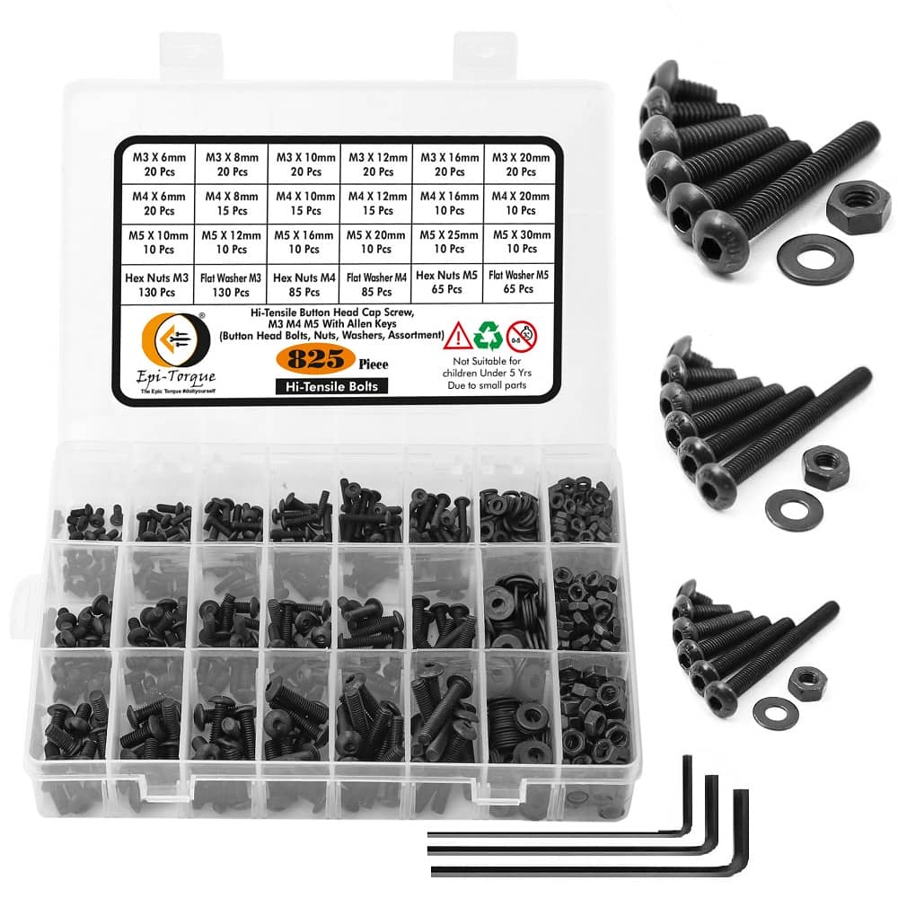 825 Pcs M3 M4 M5 Dia 10.9 Grade Hi Tensile Button Head Bolts Assortment Pack 1