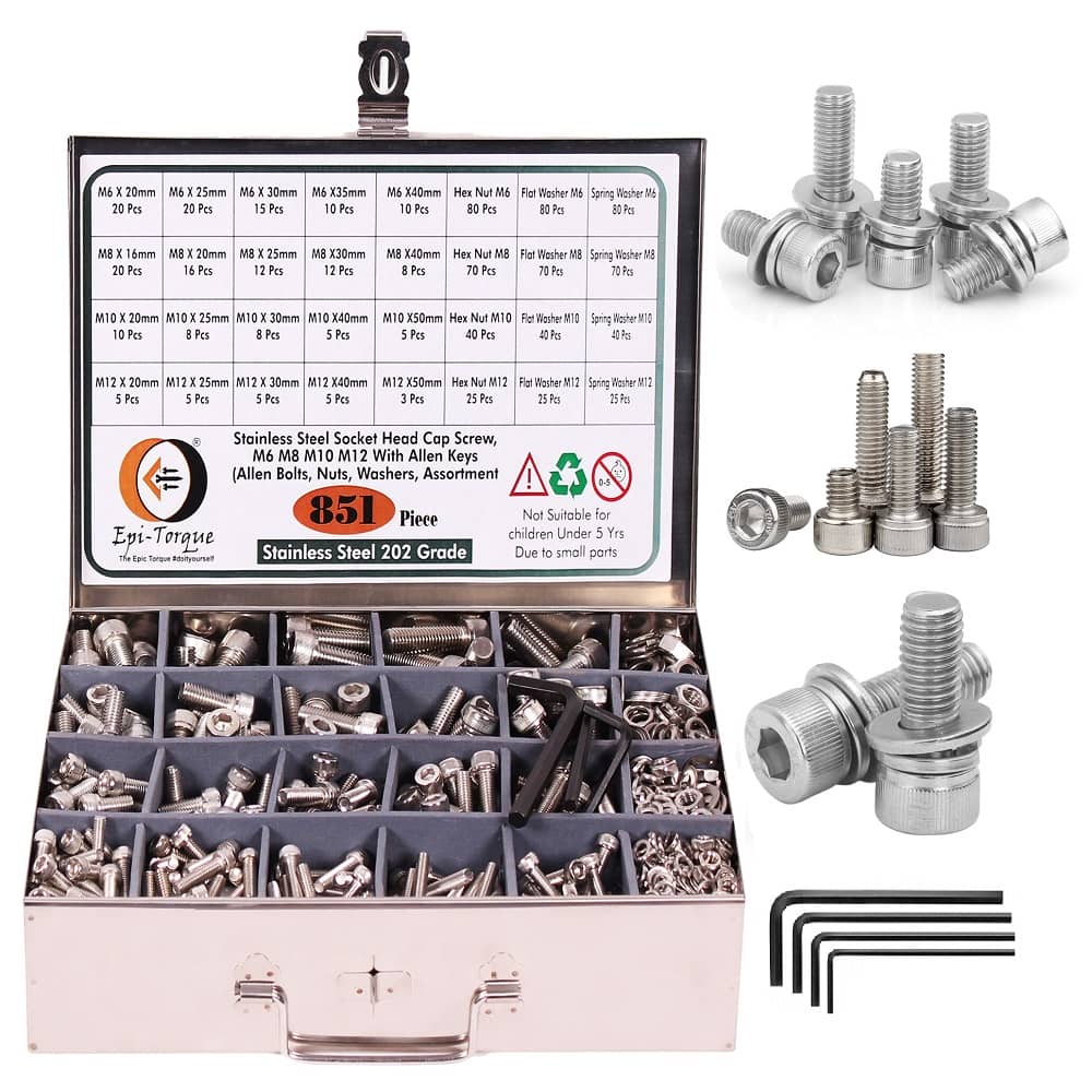 851 Pcs M6 M8 M10 M12 Dia Stainless Steel Socket Head Allen Bolts Assortment Pack 1