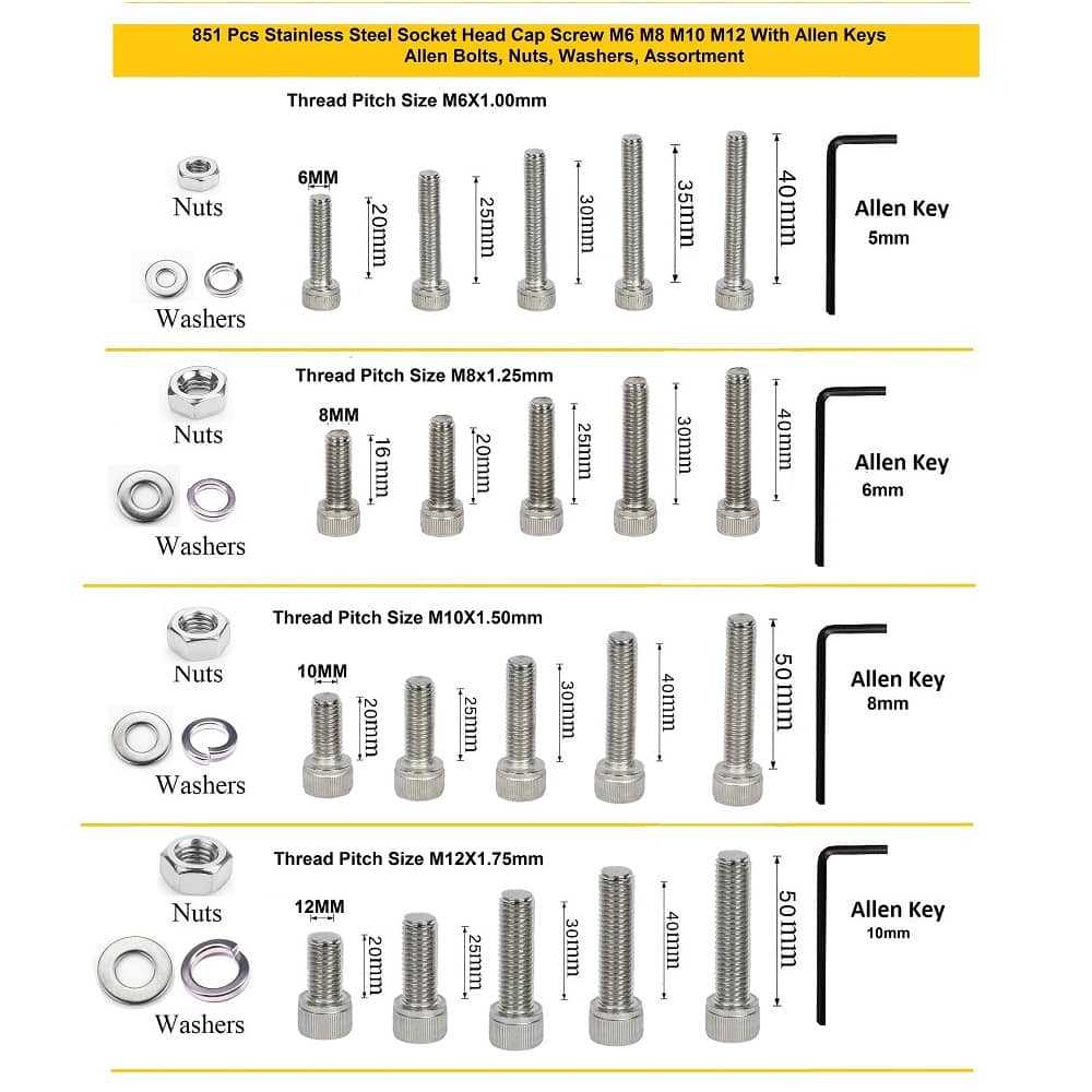 851 Pcs M6 M8 M10 M12 Dia Stainless Steel Socket Head Allen Bolts Assortment Pack 4