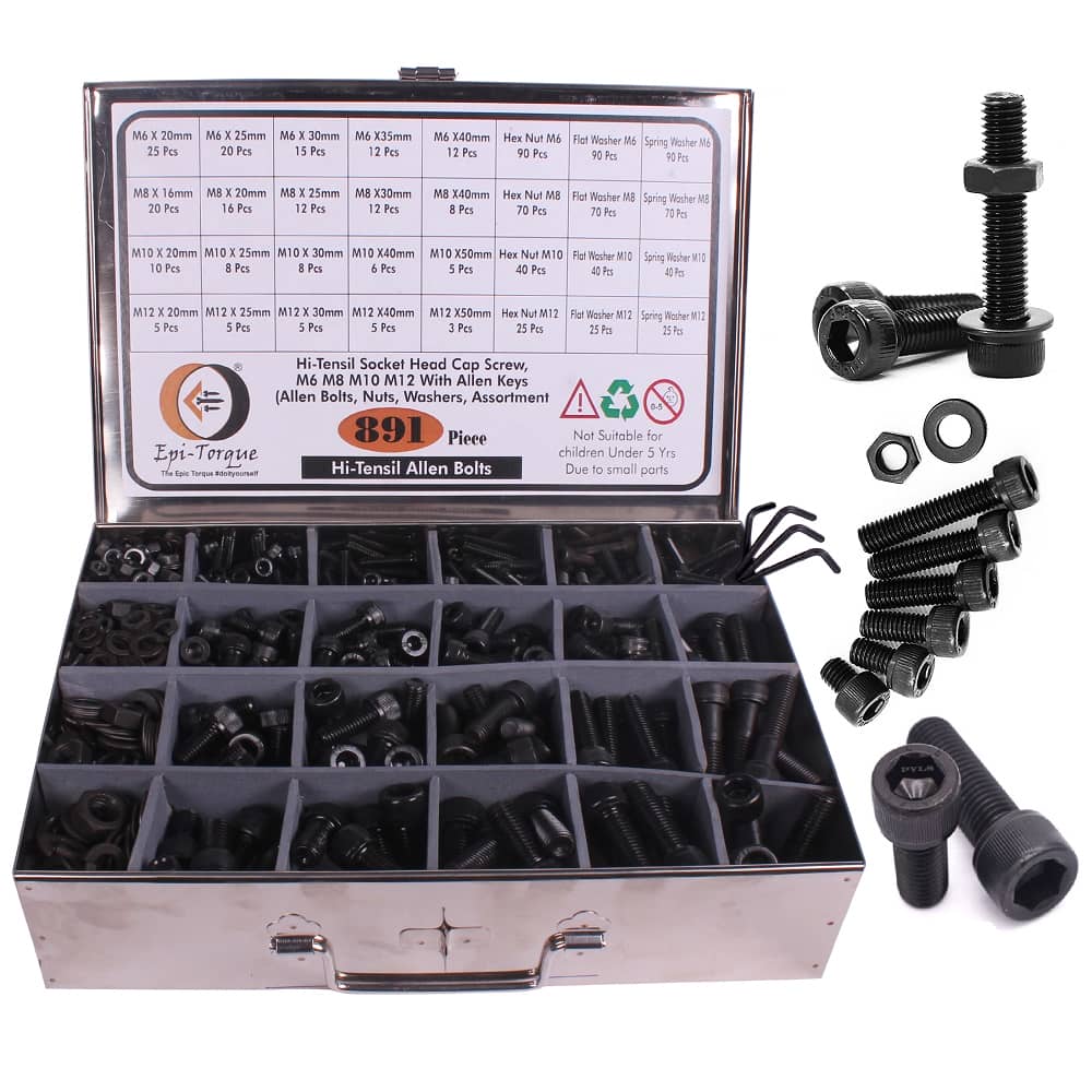 891 Pcs M6 M8 M10 M12 Dia 12.9 Grade Hi Tensile Socket Head Allen Bolts Assortment Pack 1