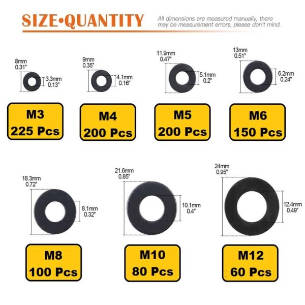 1015-Pcs-Hi-Tensile-Black-Washer-M3-M12-Assortment-Pack-2.jpg 1015 Pcs Black Coated Plain Flat Washer 7 Sizes M3-M12 Assortment Pack