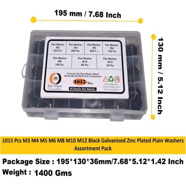1015-Pcs-Hi-Tensile-Black-Washer-M3-M12-Assortment-Pack-7.jpg 1015 Pcs Black Coated Plain Flat Washer 7 Sizes M3-M12 Assortment Pack