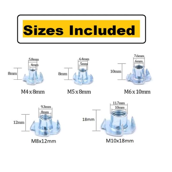 180 Pcs M4 5 6 8 10 Zinc Plated Steel T Nuts Four Claw Nuts Assortment Kit for Wood Rock Climbing Holds Cabinetry Furniture
