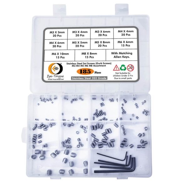 185 Pcs Stainless Steel Socket Set/Grub Screw 10 Sizes Assortment Pack