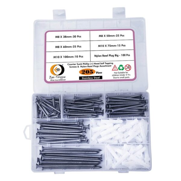 205 Pcs Stainless Steel CSK Phillip Plus Head Screws Different sizes With Matching Rawl Plugs Assortment Pack