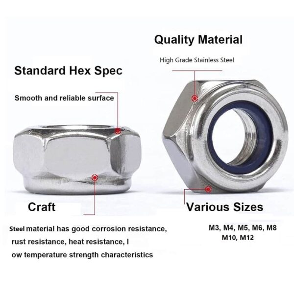 211 Pcs Stainless Steel Metric Nylon Insert Lock Nut 7 Sizes M3 - M12 Assortment Pack