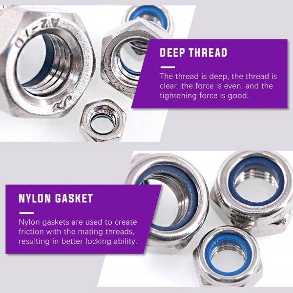 211 Pcs Stainless Steel Metric Nylon Insert Lock Nut 7 Sizes M3 - M12 Assortment Pack