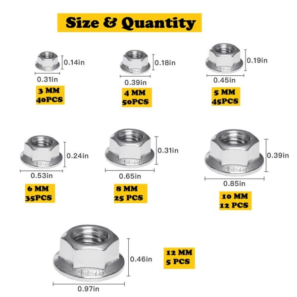 212 Pcs Stainless Steel Serrated Hex Flange Nuts Flange Metric Hex Lock Nuts Assortment Kit (M3 M4 M5 M6 M8 M10 M12)