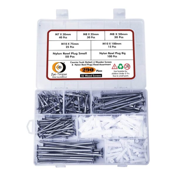 290 Pcs Stainless Steel Flat Slotted Head Wooden Screws Different sizes With Matching Rawl Plugs Assortment Pack