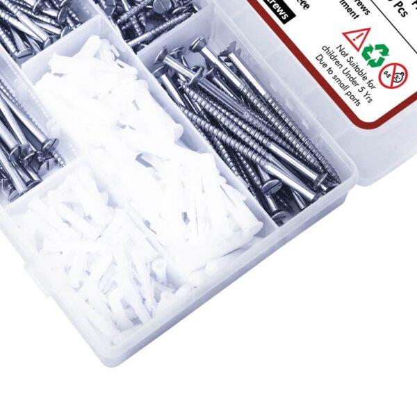 290 Pcs Stainless Steel Flat Slotted Head Wooden Screws Different sizes With Matching Rawl Plugs Assortment Pack
