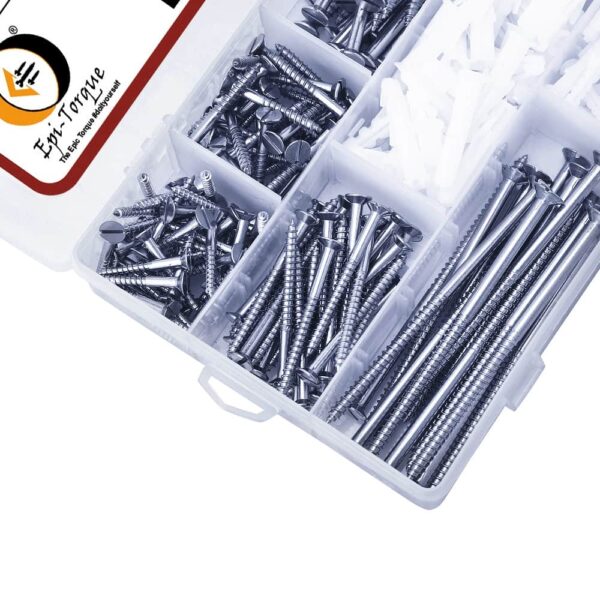 290 Pcs Stainless Steel Flat Slotted Head Wooden Screws Different sizes With Matching Rawl Plugs Assortment Pack