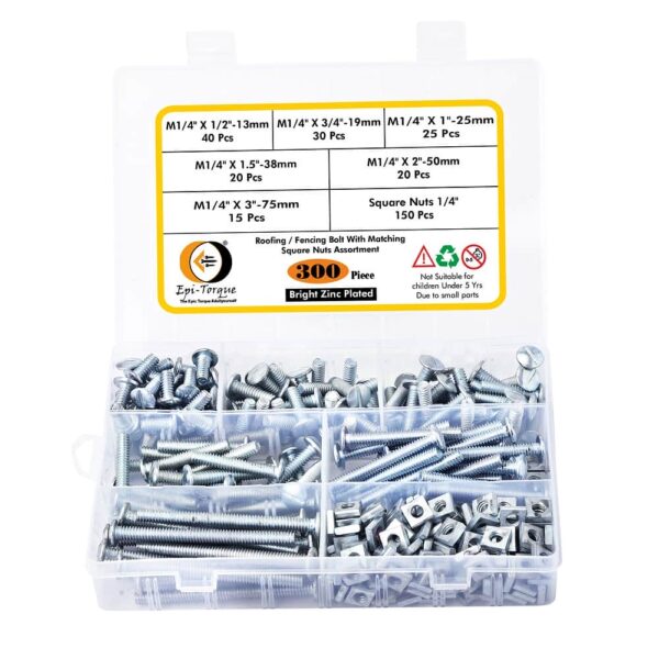 300-Pcs-SAE-Zinc-Plated-Roofing-Bolts-With-Square-Nuts-Assortment-Pack-1.jpg 300 Pcs Bright Zinc Plated Slotted Minus Head Full Thread Roofing / Fencing Bolts With Matching Square Nuts Assortment Pack