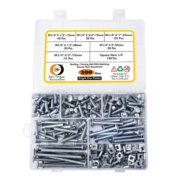 300-Pcs-SAE-Zinc-Plated-Roofing-Bolts-With-Square-Nuts-Assortment-Pack-2.jpg 300 Pcs Bright Zinc Plated Slotted Minus Head Full Thread Roofing / Fencing Bolts With Matching Square Nuts Assortment Pack