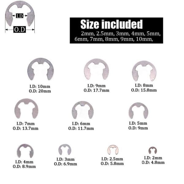 315-Pcs [10-Size] E-Clip 2mm-10mm Circlip External Retaining Ring Assortment Set - 304 Stainless Steel